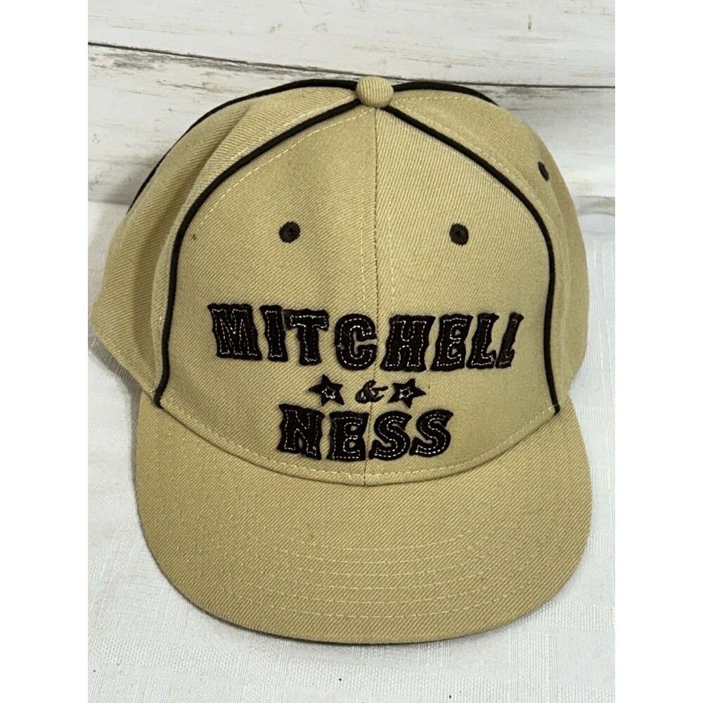 Mitchell & Ness Tan Baseball Hat Cap Embroidered Logo Wool 7 3/4 Retro Vintage